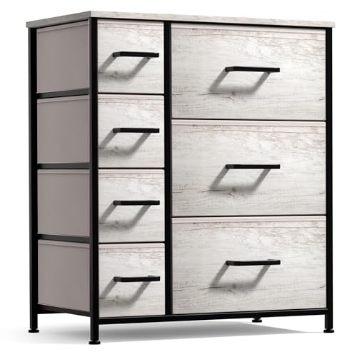 Sorbus Dresser with 7 Faux Wood Drawers - Storage Unit Organizer Chest for Clothes - Bedroom, Hallway, Living Room, Closet, & Dorm Furniture - Steel Frame, Wood Top, & Easy Pull Fabric Bins - color: Greige, size: 11.9"D x 31.5"W x 27.6"H (7 Drawers)
