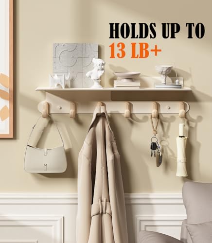 Wall Hooks with 22'' Shelf Coat Rack Wall Mount with 6 Hooks Entryway Hanging Shelf with Storage for Bathroom, Living Room, Bedroom, Modern Floating Wall Shelves with Hooks (Cream White)