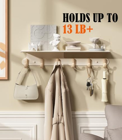 Wall Hooks with 22'' Shelf Coat Rack Wall Mount with 6 Hooks Entryway Hanging Shelf with Storage for Bathroom, Living Room, Bedroom, Modern Floating Wall Shelves with Hooks (Cream White)