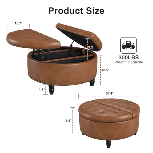 FiveWillowise 30 Inch Large Round Ottoman with Storage Circular,Brown | Leather Coffee Table with Lift Top,Modern Upholstered Button Tufted Footrest Stool Solid Wood Legs for Living Room,Bedroom - color: Brown