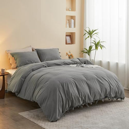 BISELINA 100% Washed Cotton Duvet Cover Set 3pcs with Bowknot Ties Strap Solid Color Linen Like Textured Durable Breathable Soft Comfy Chic Bedding (Oversized King, Dark Grey) - color: Dark Grey, size: Oversized King