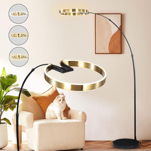 Modern Iron Arc Floor Lamp with LED Ring Shade - Nordic Dimmable Standing Lamp - Height Adjustable Vertical Lamp with Marble Base