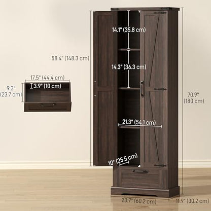 HOMCOM 71" Tall Kitchen Pantry Storage Cabinet Barn Doors Drawer Brown | Farmhouse, Adjustable Shelves, Freestanding Food Pantry Cabinet, for Kitchen, Dining Room - color: Brown