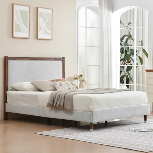 YUHUASHI Queen Upholstered Platform Bed Frame with Solid Wood Trim Headboard, Linen Fabric Upholstery, Sturdy Slat Support No Box Spring Needed, Easy Assembly (Light Grey, Queen (U.S. Standard)) - color: Light Grey, size: Queen (U.S. Standard)