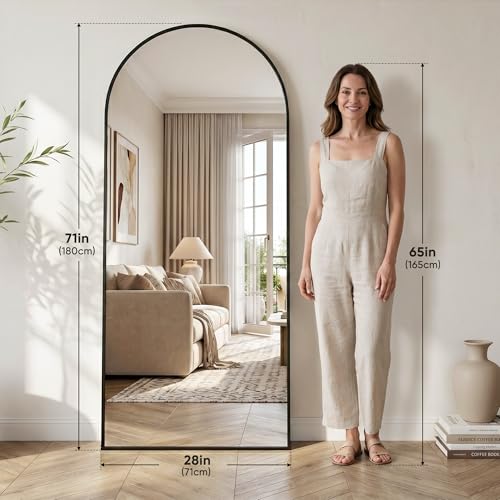 71"×28" Arched Full Length Floor Mirror, Standing Mirror with Aluminum Frame, Large Body Mirror of Free Standing/Wall Mount/Leaning for Bedroom, Living Room, Dressing Room, Black - color: Black, size: 71"L x 28"W