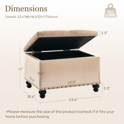 Zihanhome Velvet Storage Ottoman Bench, Button Tufted Ottoman with Hidden Storage, Upholstered Foot Rest Stool with Solid Wood Legs for Living Room, Bedroom, Entryway & Small Spaces (Khaki) - color: Velvet-khaki