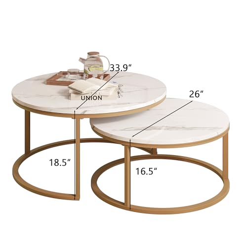 WiberWi Round Coffee Table Nesting Tables Set of 2, Large : Ø 34.0", Small : Ø 26.0", Modern Design Coffee Tables for Living Room, Gold Metal Frame Circle Cocktail Table, High Glossy Faux White Marble - color: White Faux Marble