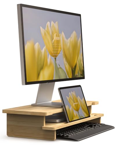 23” Bamboo Monitor Stand with Phone & Tablet Holder Desk Shelf | Monitor Riser for 40-55 Inch Desk Cozy Computer Setup Workplace Organizer Keyboard Storage Compact Ergonomic - color: Bamboo, size: 23 inch