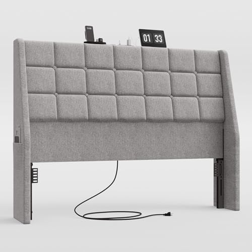 Ergonomic Upholstered Headboard Queen Size w/Charging Station, Linen Wingback Headboards w/Storage Pocket, Queen Headboard Only, Bed Frame Adapters, Sturdy Stable Solid Wood Bed Head Board, Light Grey - color: Gray, size: Queen