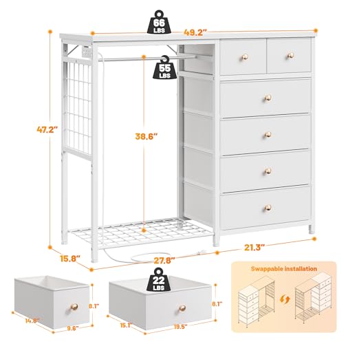 EnHomee 125cm W 드레서, 걸이용 랙 및 서랍 6개, 그리드 패널 및 후크 4개 포함 | LED 조명 및 충전 스테이션, 침실용 나무 상단 정리 유닛, 스틸 프레임이 있는 서랍장, 화이트 - color: 화이트.