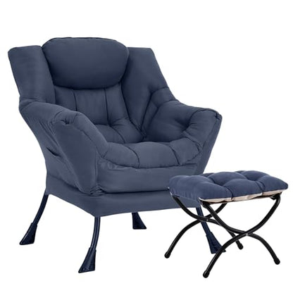 Lazy Chair with Ottoman, Soft Comfy Chair for Bedroom, Navy | Reading Accent Lounge Chair with folding Foot Stool for Living Room Dorm Apartment, sturdy metal frame - color: Navy