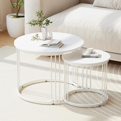 Nesting Coffee Table, 23.6" Round Coffee Table Set of 2, Wooden Nesting Table with Metal Frame, Ceter Tables for Living Room Bedroom Balcony, White - color: White