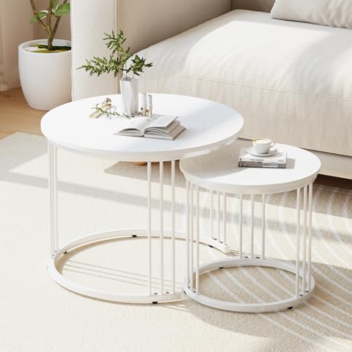 Nesting Coffee Table, 23.6" Round Coffee Table Set of 2, Wooden Nesting Table with Metal Frame, Ceter Tables for Living Room Bedroom Balcony, White - color: White