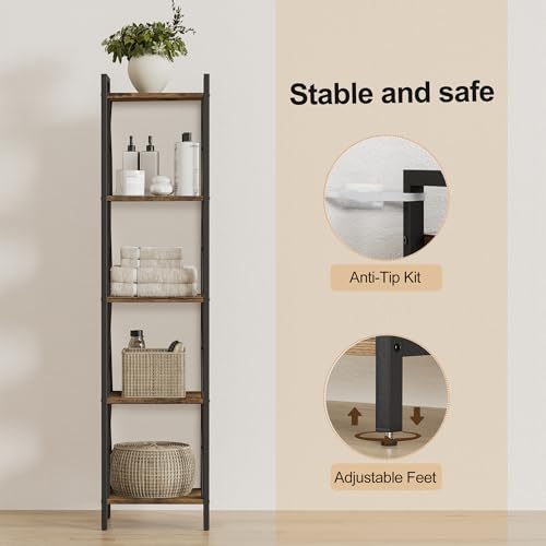 Homhedy 5 Tier Small Bookshelf, Tall Narrow Bookcase, Metal Book Shelf | Industrial Style for Small Spaces, Home, Office, Living Room, Kitchen, Bedroom , 10.4" D x 13" W x 55.1" H, Rustic Brown - color: Rustic Brown, size: 10.4"D x 13"W x 55.1"H