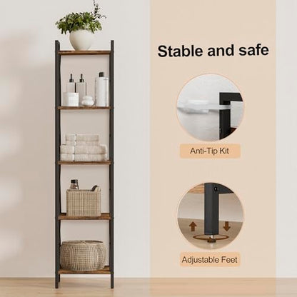 Homhedy 5 Tier Small Bookshelf, Tall Narrow Bookcase, Metal Book Shelf | Industrial Style for Small Spaces, Home, Office, Living Room, Kitchen, Bedroom , 10.4" D x 13" W x 55.1" H, Rustic Brown - color: Rustic Brown, size: 10.4"D x 13"W x 55.1"H