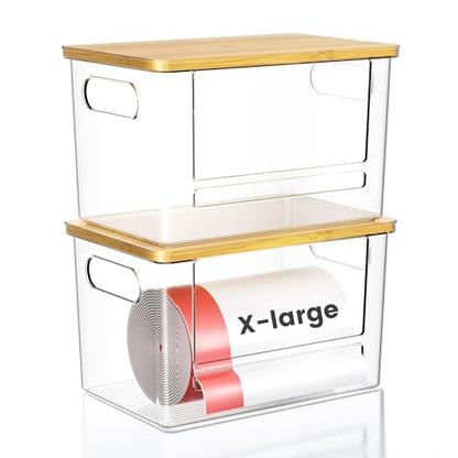 Trash Bag Dispenser 2-Pack, Stackable Trash Bag Holder with Bamboo Lid – Clear Plastic Garbage Bag Organizer for 13/30/33 Gal Bags, Space-Saving Under Sink Organizer for Kitchen, Laundry, Pantry - size: XL+XL