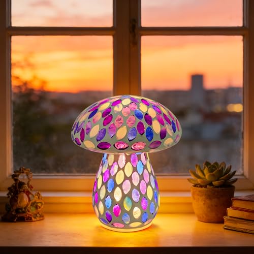 Table Mushroom Lamp for Room Decor: Rechargeable Cordless Glass Bedside Table Lights - 5 Colors 2 Lighting Modes Touch Control - Cute Nightstand Purple Lamp for Ambient, Kids, Bedroom, Living Room - color: Purple
