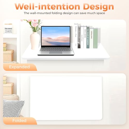 White Solid Wood Wall Mounted Folding Table, 44lbs Load-Bearing Folding Wall Desk with Triangular Bracket 23.6"x15.7" Space-Saving Fold Down Table for Kitchen, Bedroom & Study