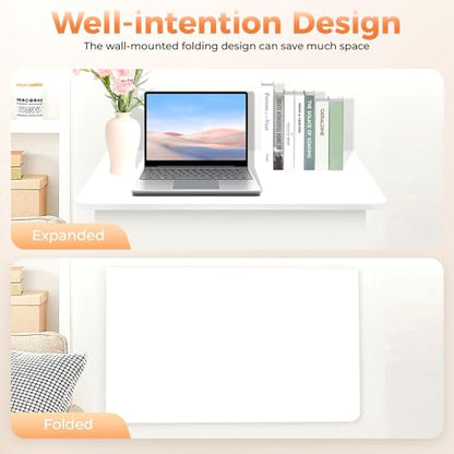 White Solid Wood Wall Mounted Folding Table, 44lbs Load-Bearing Folding Wall Desk with Triangular Bracket 23.6"x15.7" Space-Saving Fold Down Table for Kitchen, Bedroom & Study