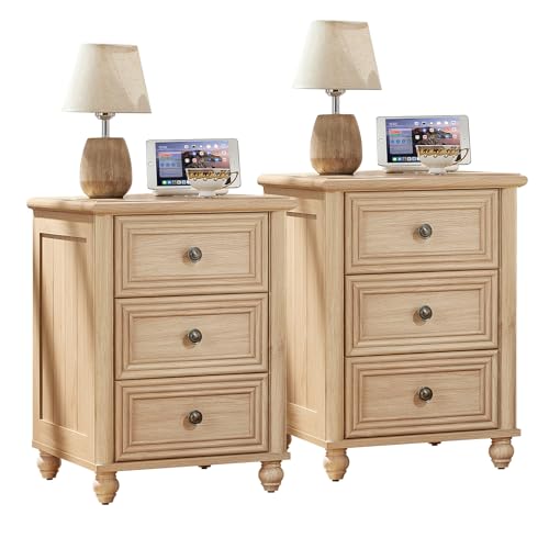 RWYHG 18" Night Stand Set 2, Nightstand with 3 Drawers | Farmhouse Modern Bedside Table, Solid Wood Legs, Metal Handles, Bed Side End Tables for Bedroom Living Room (Natural) - color: Natural, style: 3 Drawers*2