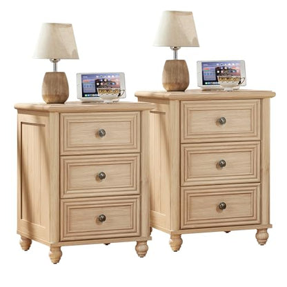 RWYHG 18" Night Stand Set 2, Nightstand with 3 Drawers | Farmhouse Modern Bedside Table, Solid Wood Legs, Metal Handles, Bed Side End Tables for Bedroom Living Room (Natural) - color: Natural, style: 3 Drawers*2