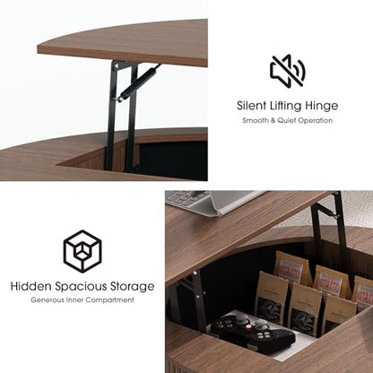 SULIVES Round Coffee Table with Lifting Top, Multifunctional Lift Top Drum Coffee Table with Sliding Door, Small Fluted Center Table for Living Room, Walnut - color: Walnut_round-lift-top