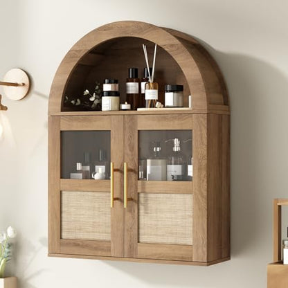 RUSTOWN Arched Bathroom Wall Cabinet with 2 Glass & Rattan Doors | Rattan Medicine Cabinet, Farmhouse Over the Toilet Storage Cabinet, Adjustable Shelves, 3-Tier Wall Mounted Cabinets - color: Rustic Oak