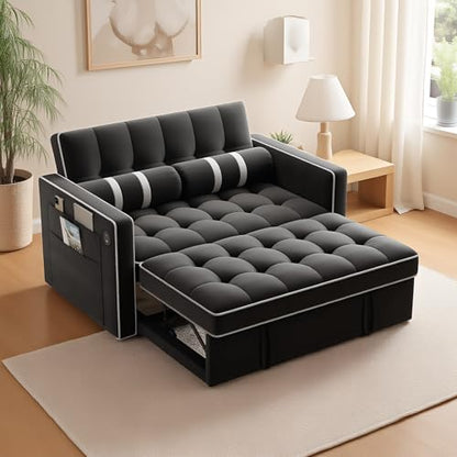 Marsail 3-in-1 Convertible Futon Sleeper Sofa Bed, Pull Out Couch with Adjustable Backrest, USB Charging & Side Pockets, Velvet Fabric Sofa for Living Room, Apartment, Loveseat, Dark Black - color: Dark Black