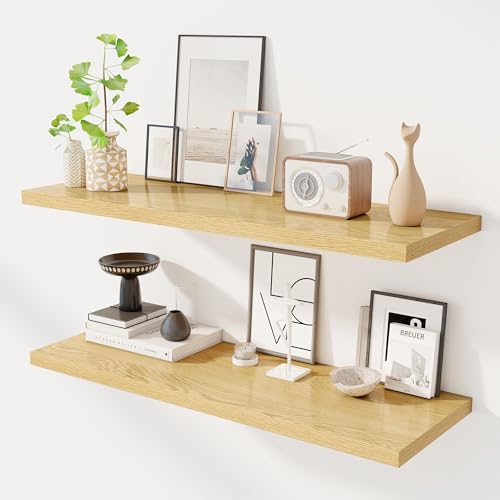 Dreamland 40" Floating Shelves for Wall, 12" Deep Slim Oak Floating Shelves, Wall-Mounted Shelves for Bedroom, Living Room, Kitchen, Bathroom - Set of 2 - color: Oak, size: 40"W x 12"D x 1.3"H, Set of 2