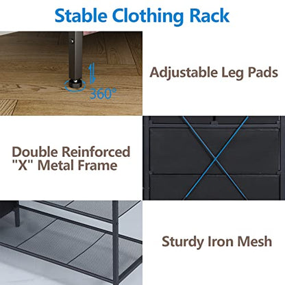 Freestanding Clothes Rack with 5 Drawers & 4 Storage Shelves,2 Hanging Rods | 59.1" W*70.9" H Heavy Duty Clothing Rack, Wardrobe Closet Organizer System with 5 Hooks, Garment Rack (Rustic) - color: Rustic