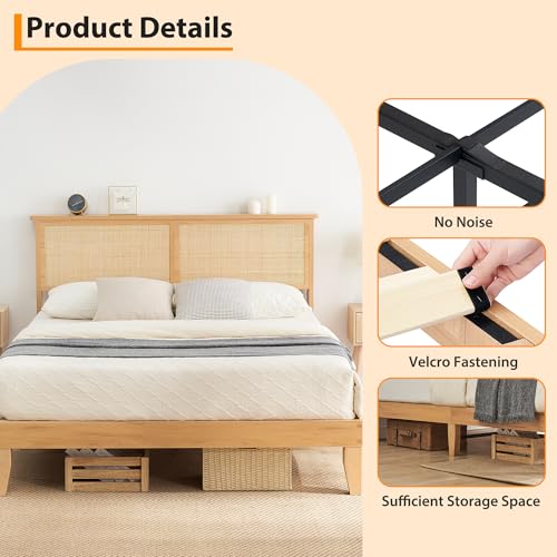 Garvee Bohemian Full Rattan Bed LED Natural Headboard Bedroom | Bohemian full rattan bed with natural headboard, LED lights, solid wood frame. No box spring needed for bedroom use. - size: Full(0 Drawers)