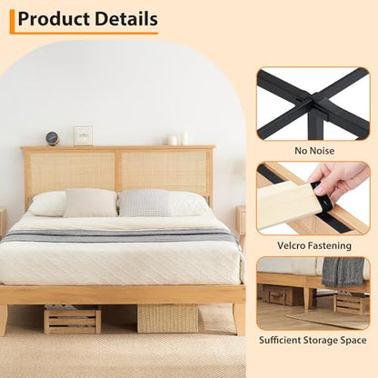 Garvee Bohemian Queen Rattan Bed LED Natural Headboard Bedroom | Bohemian queen rattan bed with natural headboard, LED lights, solid wood frame. No box spring needed for bedroom use. - size: Queen(0 Drawers)