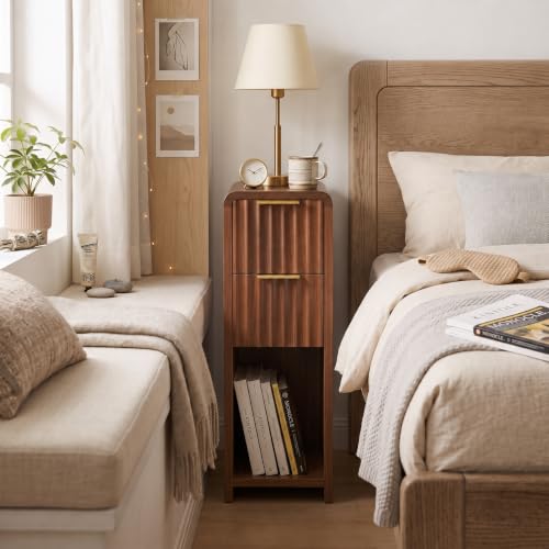 Fluted Slim Side Table with 2 Drawers and Bottom Open Shelf, Skinny End Table with Gold Handles, Walnut Narrow Accent Table for Living Room Bedroom