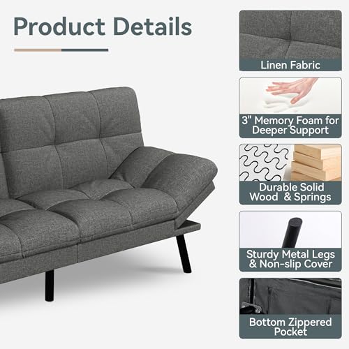 Futon Sofa Bed Convertible Couch, Grey Linen Sofa Bed | Adjustable Backrest & Armrests, Multifunctional Small Loveseat Sleeper Sofa for Living Room, Apartment, Office, Foam Couch - color: A2 | Light Grey