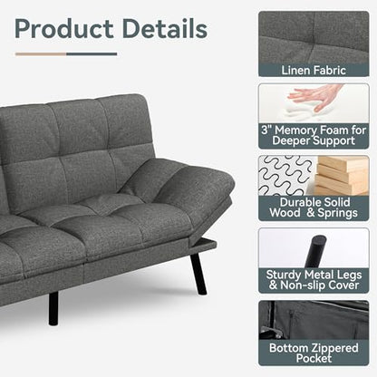 Futon Sofa Bed Convertible Couch, Grey Linen Sofa Bed | Adjustable Backrest & Armrests, Multifunctional Small Loveseat Sleeper Sofa for Living Room, Apartment, Office, Foam Couch - color: A2 | Light Grey
