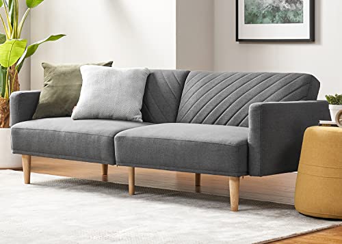 mopio 76.4" Futon Sofa Bed Chevron Styled, Sleeper Couch(Dark Gray Fabric) | Click-clack back drops for instant guest lodging; slim profile and retro legs suit apartments beautifully. - color: Dark Gray Fabric