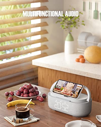 Bluetooth Speaker Alarm Clock & Wireless Charger for Bedside, Home, Office | FM Radio, Adjustable LED Night Light, 6 in 1 Bedroom Portable Speaker 2500mAh, Phone Stand - color: Gray