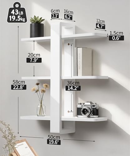 SUMGAR White Floating Shelves for Wall, 3 Tier Adjustable Large Shelf Unit | 20 Inch All Pine Wood, Decorative Shleving, Plants Photos Display, for Living Room, Bedroom, Office, Bathroom - color: White