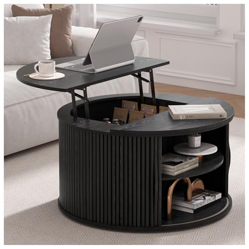 JOINICE Black Lift Top Coffee Table with Storage for Living Room,Round | 31.5" Drum Design,Hidden Storage&Open Shelf,Modern Fluted Center Table for Small Apartments,Easy Assembly,Up to 150 lbs - color: Black_round_lift Top