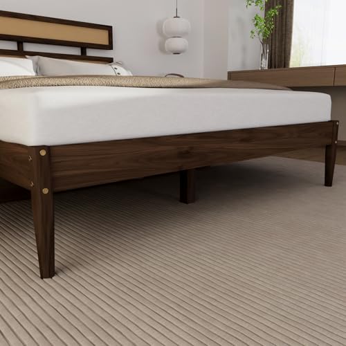 VINGLI Solid Wood King Size Rattan Bed Frame with Headboard, Boho Platform Panel Bed,Brown - size: King (U.S. Standard)