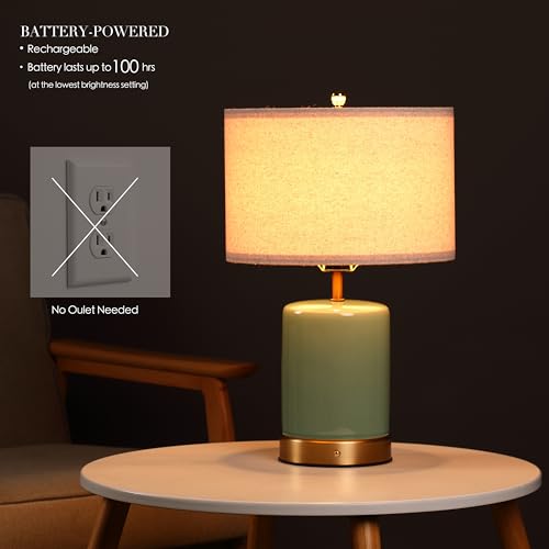 O’Bright Dune - Battery Powered Table Lamp, Rechargeable Cordless Ceramic Lamp, Full-Size 19.5 Inch Height, Dimmable, Smart Safety Protection, Type-C Fast Charging, LED Bulb Included, Sage Green - color: Sage Green, size: 19.5-inch