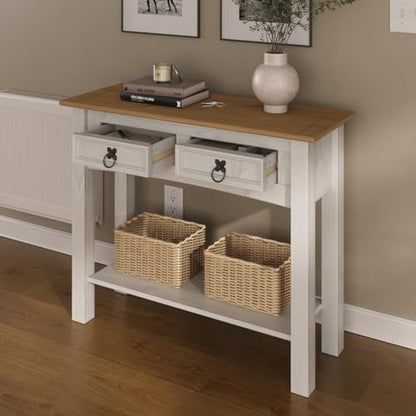 Solid Wood Hall Table with 2 Drawers 34.4" W, 12.6" D, 28.8" H - Console Table with Fixed Lower Shelf, Farmhouse Hallway Foyer, Office, Bedroom - color: White