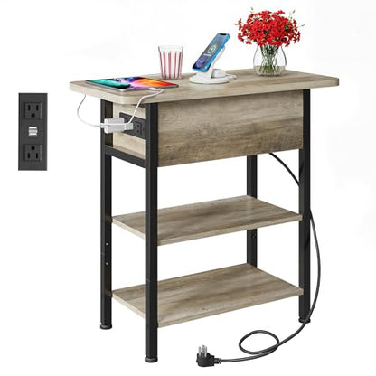WLIVE 3-Tier End Table with Charging Station Flip Top Narrow Nightstand | 2 USB Ports+2 AC Outlets; Flip Top Hidden Storage; 2 Open Shelves; Small Space Living Room Bedroom; Sturdy Carbon Steel Frame - color: Greige