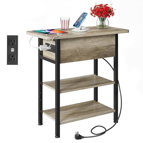 WLIVE 3-Tier End Table with Charging Station Flip Top Narrow Nightstand | 2 USB Ports+2 AC Outlets; Flip Top Hidden Storage; 2 Open Shelves; Small Space Living Room Bedroom; Sturdy Carbon Steel Frame - color: Greige