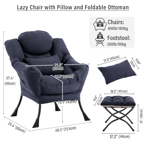 Lazy Chair with Ottoman, Reading Chair with Lumbar Pillow，Navy | Comfy Accent Lounge Chair with Pillow & folding Foot Stool, sturdy metal frame for bedroom, dorm or apartment, Living Room - color: Navy Blue