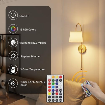 Battery Operated Wall Sconces Set of 2, Rechargeable Wall Sconce | Battery Powered Wireless Wall Lights with Dimmable Magnetic RGB Bulbs & Remote, Lamp for Living Room Bedroom - Gold - color: Gold