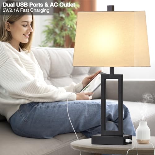 23.5" Touch Control Table Lamps Set of 2, Bedside Lamp with 2 USB Ports & AC Outlet, 3-Way Dimmable Nightstand Lamp with White Linen Shade for Living Room Bedroom End Table Office(2 LED Bulb Included) - color: White