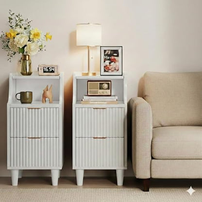 11.8" Narrow Fluted Nightstand Set of 2,Slim Side End Table with 2 Drawers,Mid-Century Modern Bedside Table,Skinny Night Stand for Bedroom, Small Space (White, 11.8" with 2 Drawers) - color: White