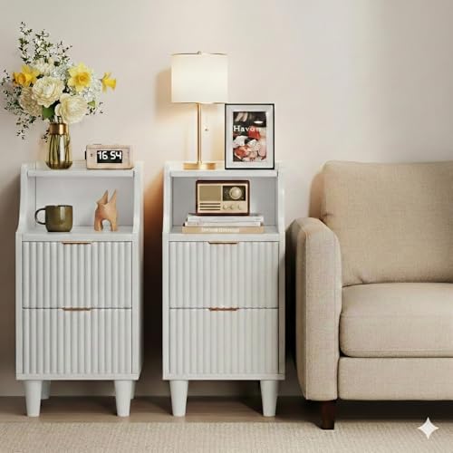 11.8" Narrow Fluted Nightstand Set of 2,Slim Side End Table with 2 Drawers,Mid-Century Modern Bedside Table,Skinny Night Stand for Bedroom, Small Space (White, 11.8" with 2 Drawers) - color: White