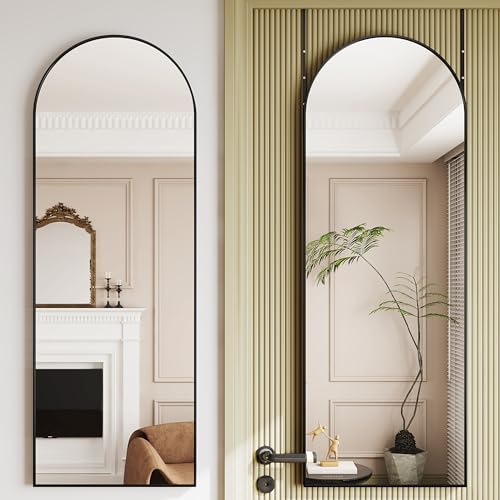 Protylctaster Arched Full Length Door Mirror 19"x51",High-Definition Shatterproof Glass with Protective Film,No-Drilling Hanging or Wall Mount,Hooks Included Full Body Mirror for Bedroom(Black) - color: Arched-black, size: 51"L x 19"W